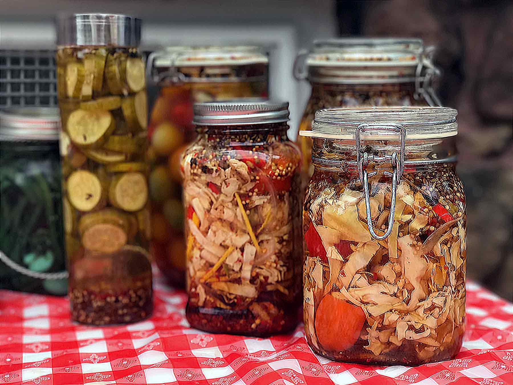Jars of pickled vegetables at Oktoberfest.