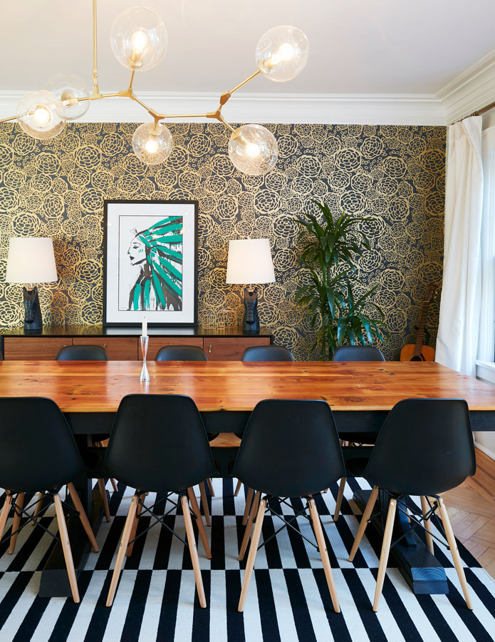 Stunning gold and black wallpaper compliments a custom made painting by a new York City artist in Alexis' favorite pop color, green.