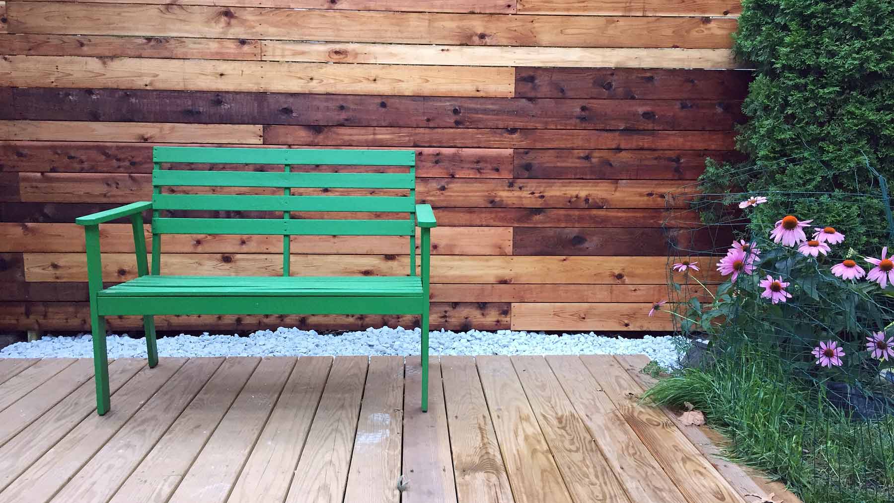 How to Hire a Contractor , Cedar wall and platform with green bench
